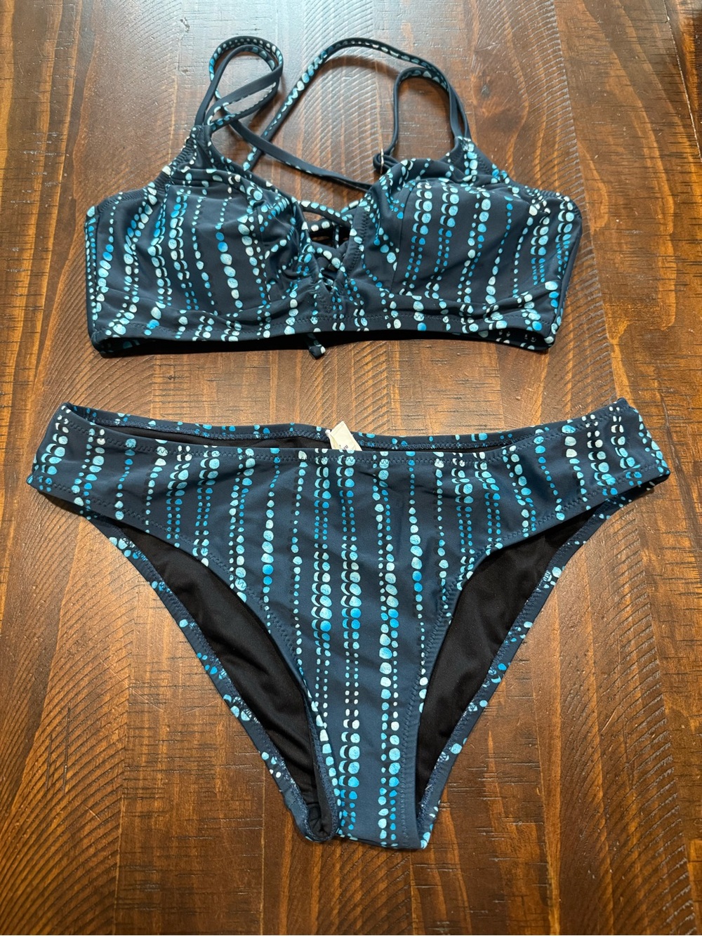 Dark Blue Dot Crescent Women's Lace Up Bikini Set